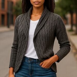 Gray ALPACA Made In ITALY Cable Knit Open Cardigan Sweater ~ Women's Top SMALL